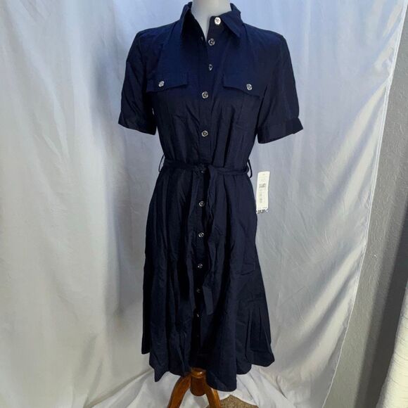 NWT Ralph Lauren spectator button front shirt dress tie Sz 8 city navy blue - Picture 1 of 12